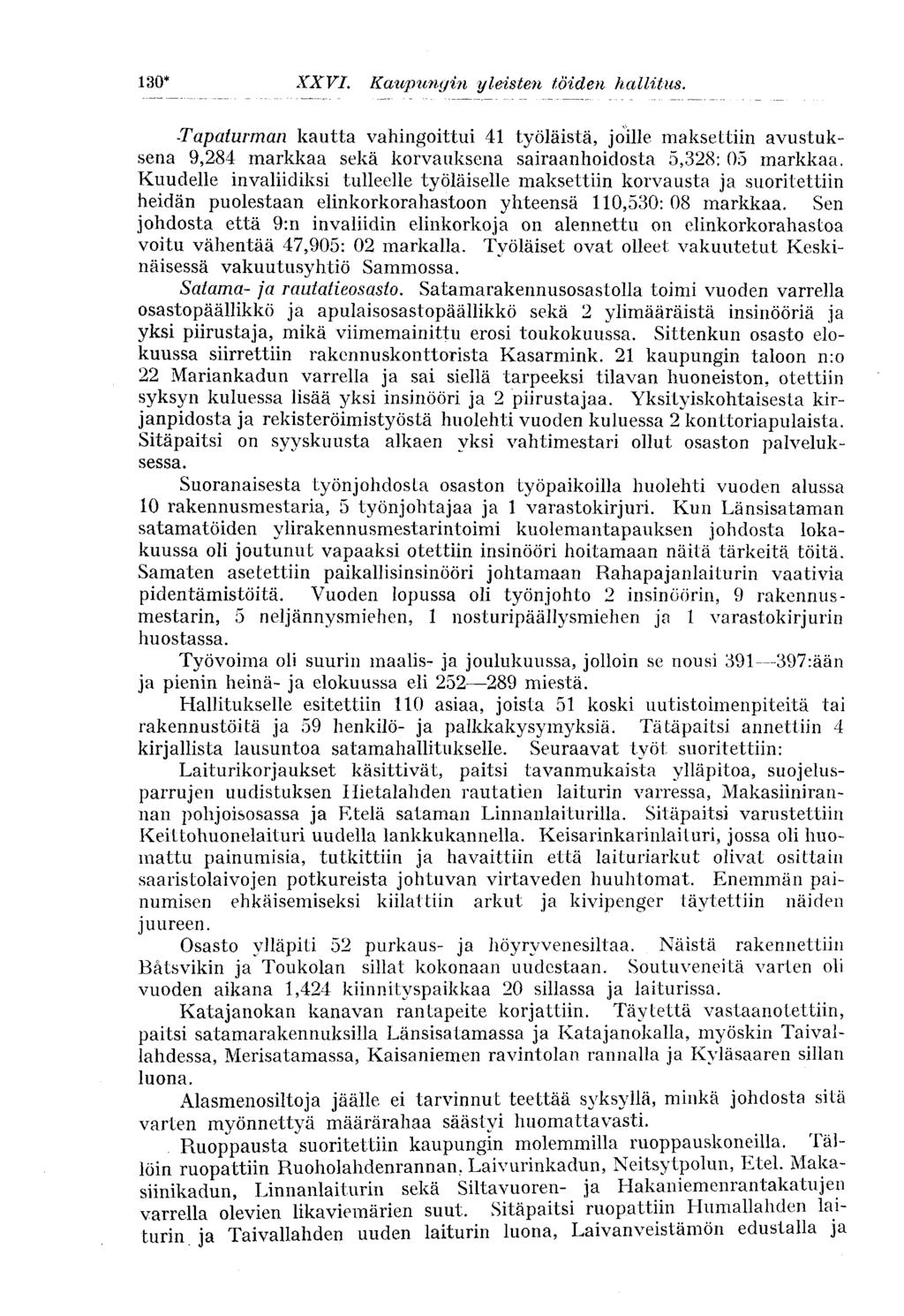 130* %XXVI. Kaupunginyleistentöidenhallitus. -Tapaturman kautta vahingoittui 41 työläistä, joille maksettiin avustuksena 9,284 markkaa sekä korvauksena sairaanhoidosta 5,328: 05 markkaa.