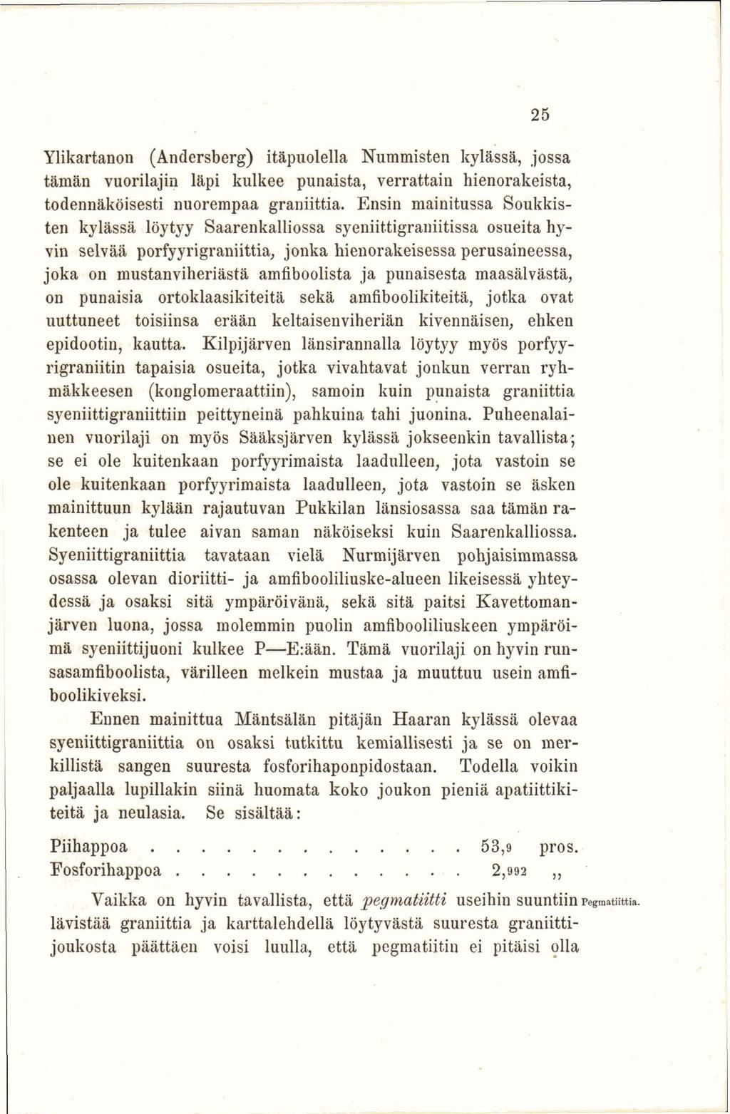 Ylikartanon (Andersberg) itäpuolella Nummisten kylässä, jossa tämän vuorilajin läpi kulkee punaista, verrattain hienorakeista, todennäköisesti nuorempaa graniittia.
