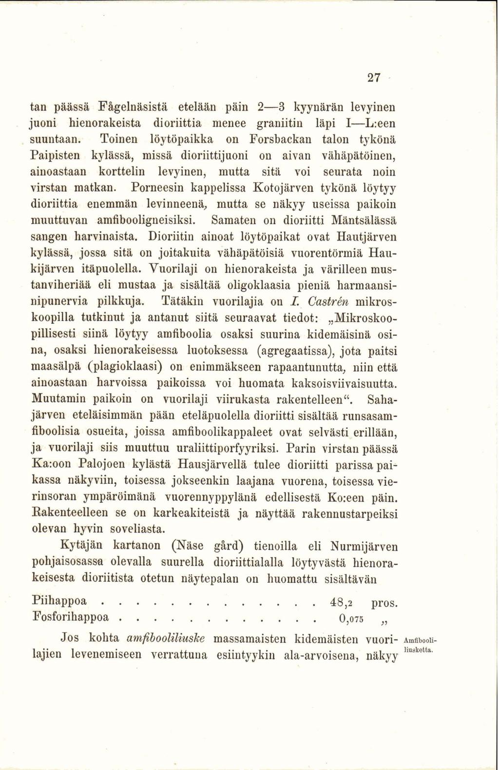 tan päässä Fågelnäsistä etelään päin 2 3 kyynärän levyinen juoni hienorakeista dioriittia menee graniitin läpi I L:een suuntaan.