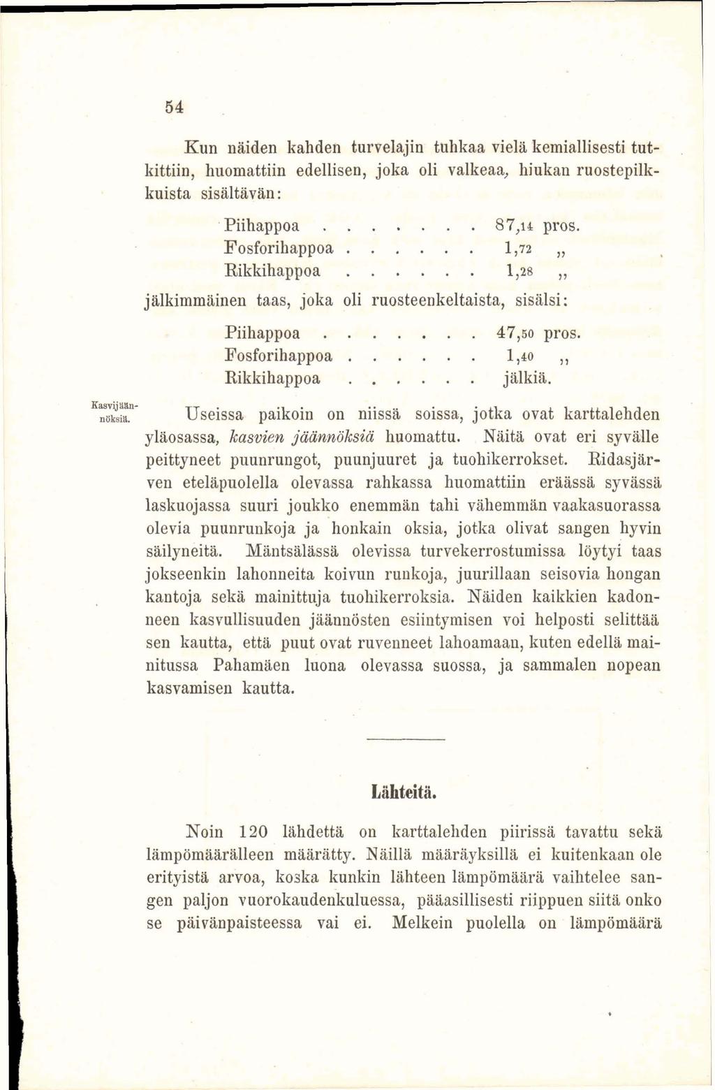 54 Kun näiden kahden turvelajin tuhkaa vielä kemiallisesti tutkittiin, huomattiin edellisen, joka oli valkeaa, hiukan ruostepilkkuista sisältävän: Piihappoa 87,n pros.
