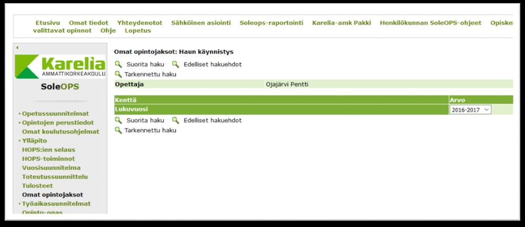 19.9.2016 Pentti Ojajärvi / 28.3.2017 Jukka Asp 2 (10) 2. Valitse Omat opintojaksot, haluamasi lukuvuosi ja Suorita haku.