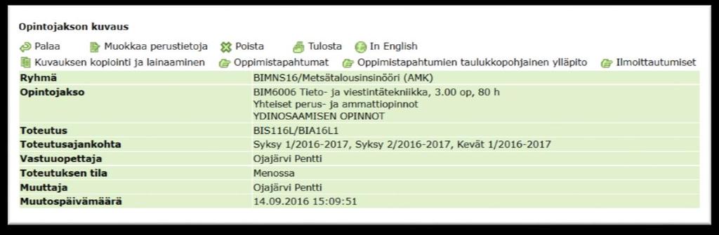 perustietoja-kohdassa: Opintojakson toteutuksen perustietojen syöttönäkymä.