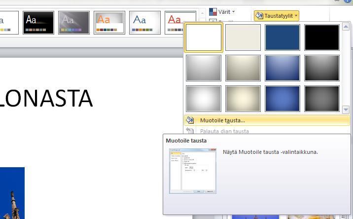 22 5 OMAN TAUSTAN TEKEMINEN Jos haluat käyttää dioissa taustana jotain muuta kuin valmiiden teemojen taustoja, vaikkapa jotain tiettyä taustaväriä tai taustakuvaa, mene Rakenne-välilehdelle