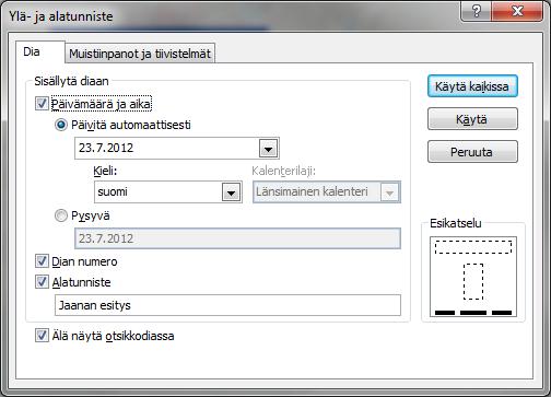 Rastita ruutu Päivämäärä ja aika, jos haluat, että päivämäärä näkyy tunnisteessa. Voit valita joko automaattisesti päivittyvän tai pysyvän päivämäärän.