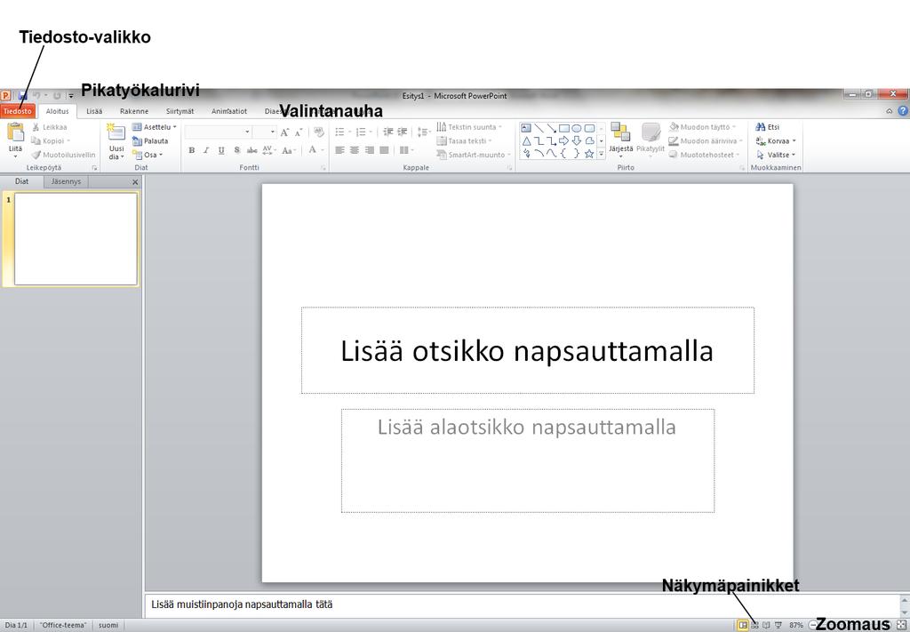 1 1 POWERPOINT-ESITYSGRAFIIKKAOHJELMA JA SEN KÄYTTÖLIITTYMÄ PowerPoint on esitysgrafiikkaohjelma, jolla voidaan tehdä erilaisia diaesityksiä.