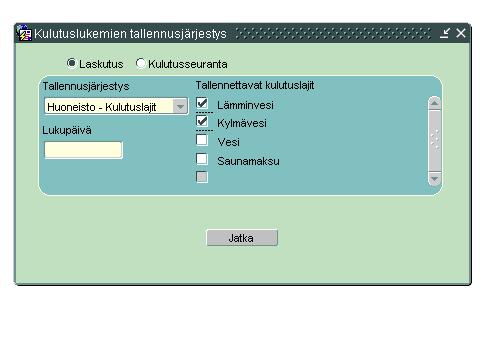 7 Kulutuslukemien tallennus Mittarilukemat tallennetaan järjestelmään Sovellukset osiosta Kulutuslukemien tallennus toiminnolla.