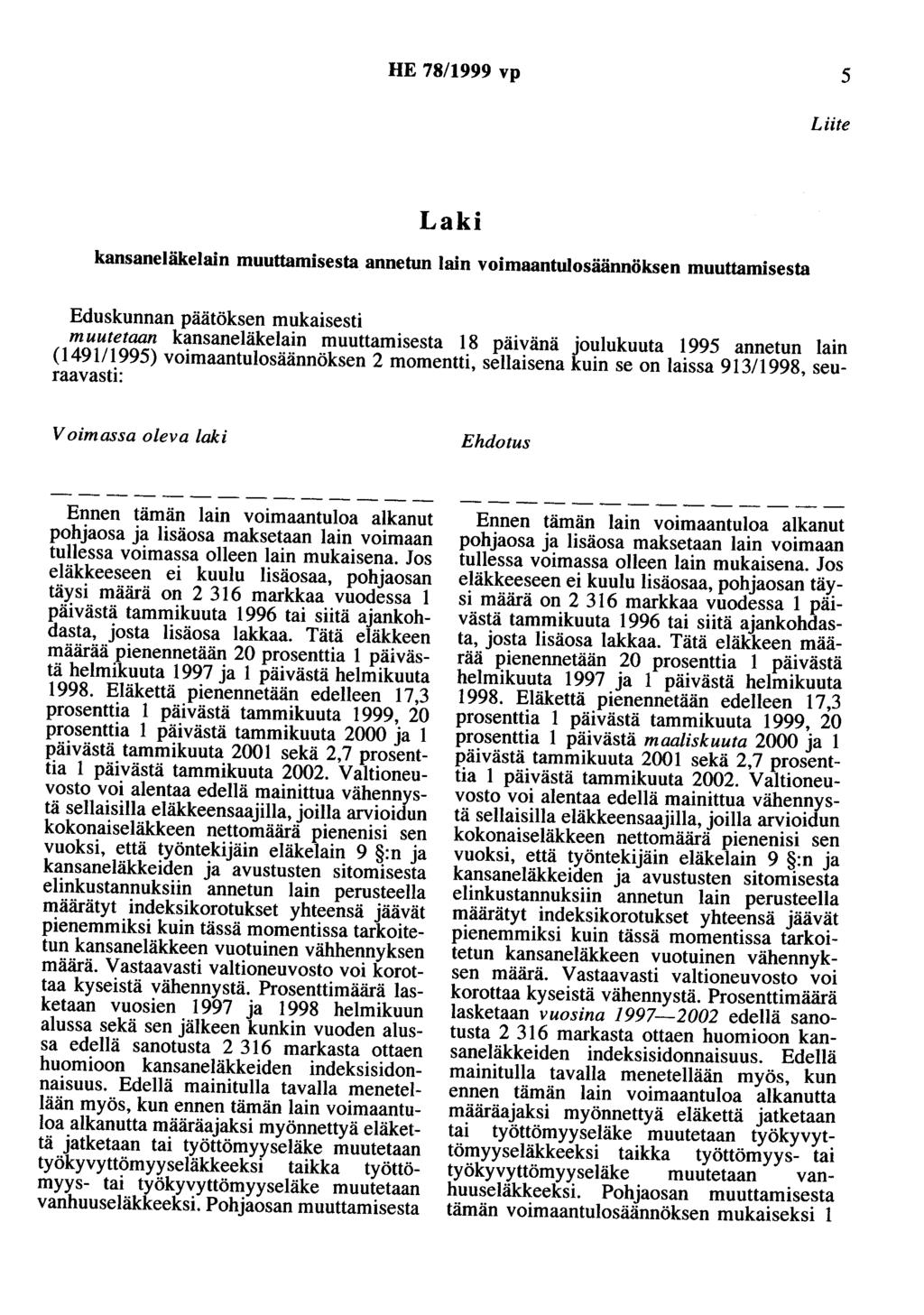 HE 78/1999 vp 5 Liite Laki kansaneläkelain muuttamisesta annetun lain voimaantulosäännöksen muuttamisesta Eduskunnan päätöksen mukaisesti muutetaan kansaneläkelain muuttamisesta 18 päivänä joulukuuta