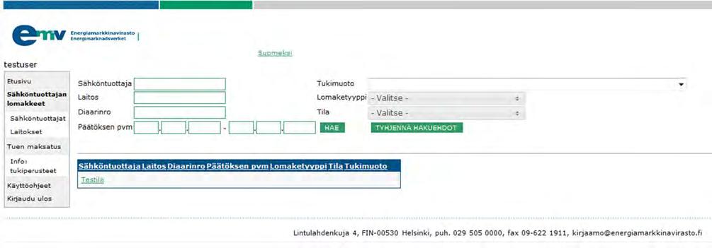 11 3.3 Valikkovalinta: Sähköntuottajan lomakkeet Kuva 4 Sähköntuottajan lomakkeet ikkuna Sivun kautta sähkön tuottaja pääsee hakemaan hakemuksia ja ilmoituksia (pl.