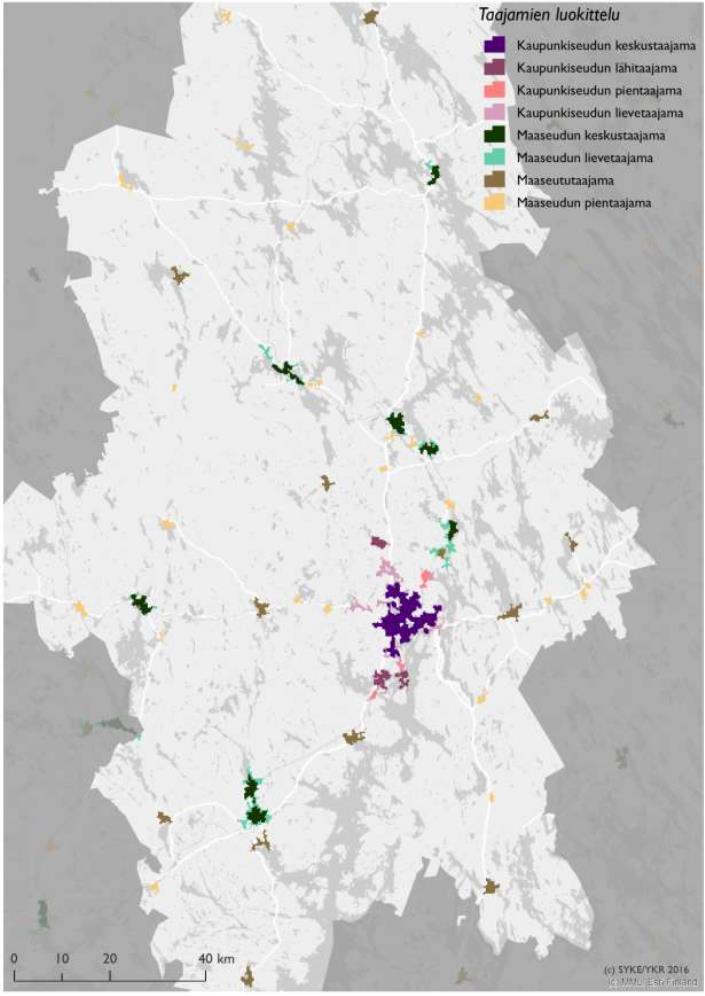 Kartta: Suomen ympäristökeskuksen taajama-alueiden luokittelu Keski-Suomessa Edellä esitetyn luokittelun mukaan kaupunkiseudun ja maaseudun kuntien keskustaajama -tasoiset taajamat katsotaan