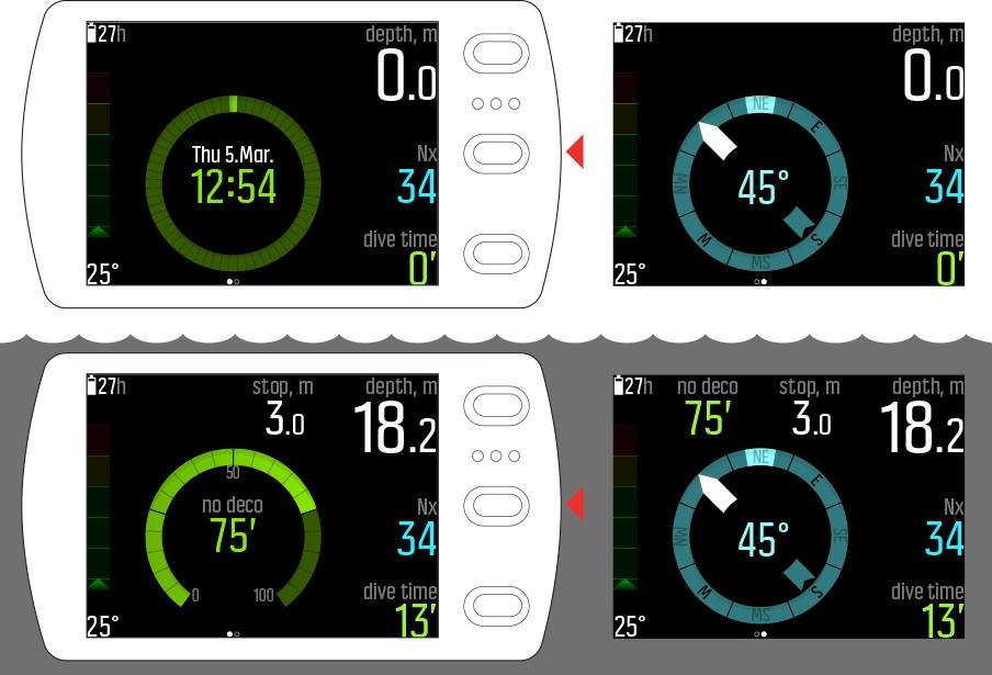 2 NÄIN PÄÄSET ALKUUN 2.1 Näyttötilat ja näkymät Suunto EON Steel -laitteessa on kaksi päänäkymää pinta- ja sukellustiloissa: aika/suoranousu ja kompassi.