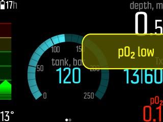 Hälytys Selitys Hapen osapaine turvallisen rajan alapuolella (<0,18). Laskeudu välittömästi tai vaihda kaasuun, jonka happipitoisuus on suurempi.