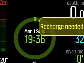 Kuvake Selitys Arvioitu jäljellä oleva sukellusaika on 27 tuntia, ei välitöntä lataamistarvetta. Arvioitu jäljellä oleva sukellusaika on enintään kolme (3) tuntia, lataaminen on tarpeen.