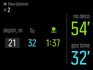 Tässä esimerkissä lasketut arvot ovat: Sukelluksen järjestysnumero sarjassa: 1 Käytettävissä oleva suoranousuaika: 51 minuuttia Jäljellä oleva kaasuaika: 41 minuuttia Kun suunnittelet lisäsukelluksia