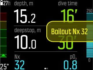 3.25.4 Bailout-kaasut Jos epäilet suljetun kierron sukelluksen aikana jonkinlaista toimintavikaa, vaihda välittömästi bailout-kaasuun ja keskeytä sukellus. Bailout-kaasuun vaihtaminen: 1.
