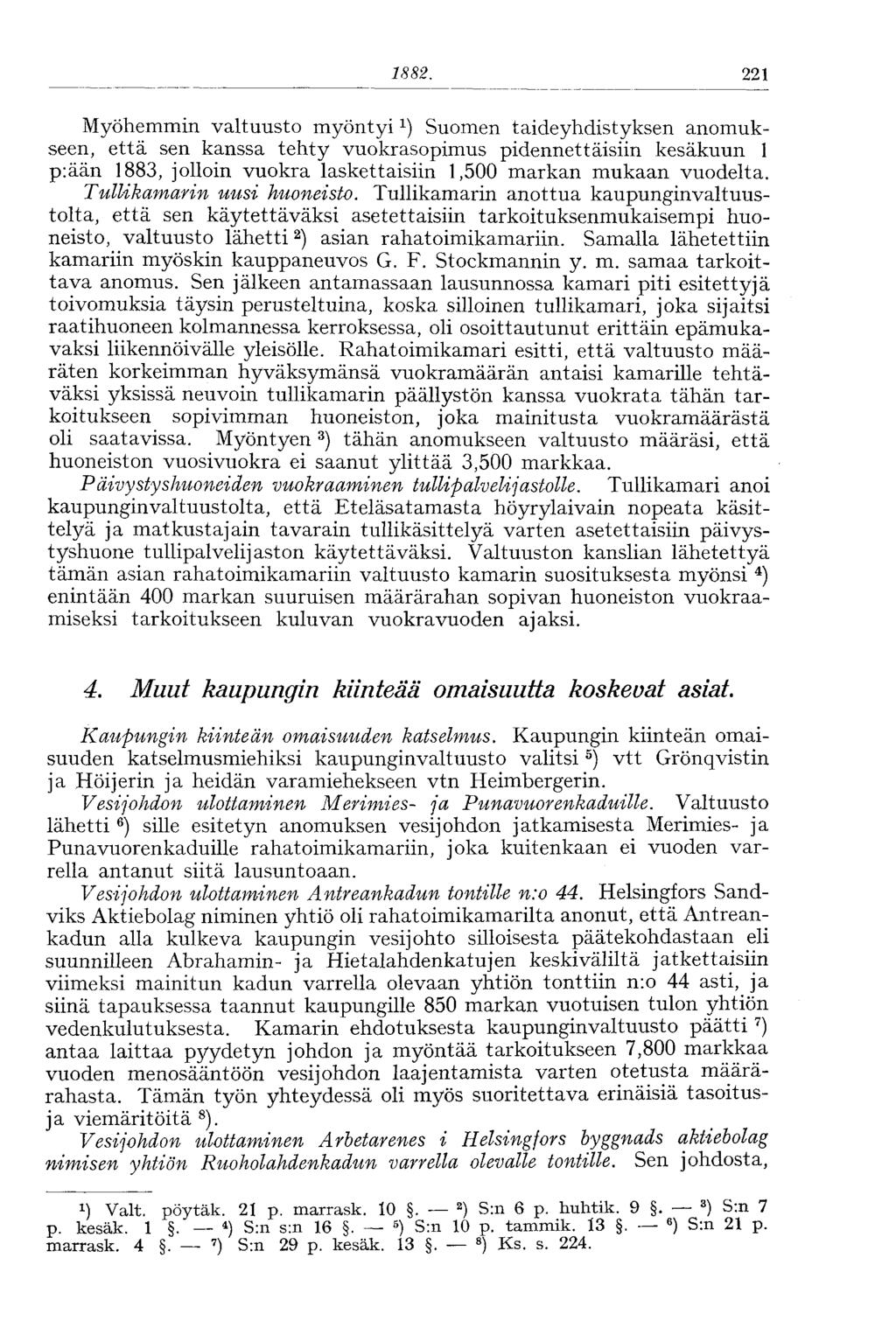 1881. 221 Myöhemmin valtuusto myöntyisuomen taideyhdistyksen anomukseen, että sen kanssa tehty vuokrasopimus pidennettäisiin kesäkuun 1 p:ään 1883, jolloin vuokra laskettaisiin 1,500 markan mukaan