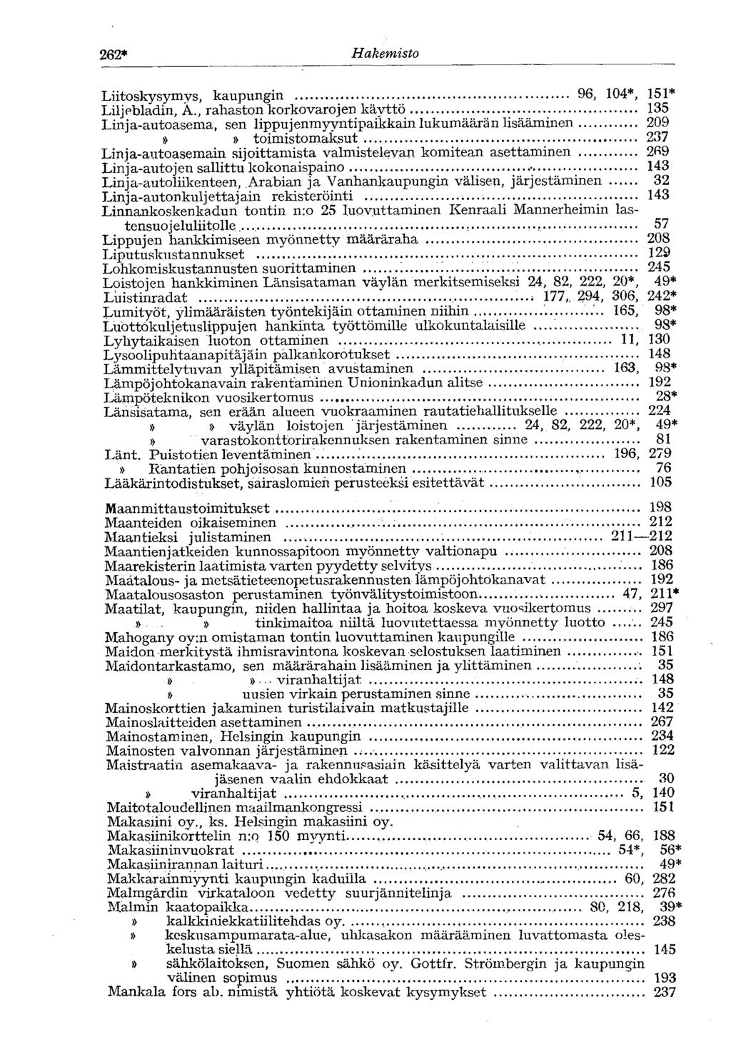 262* Hakemisto Liitoskysymys, kaupungin 96, 104*, 151* Liljebladin, Ä.