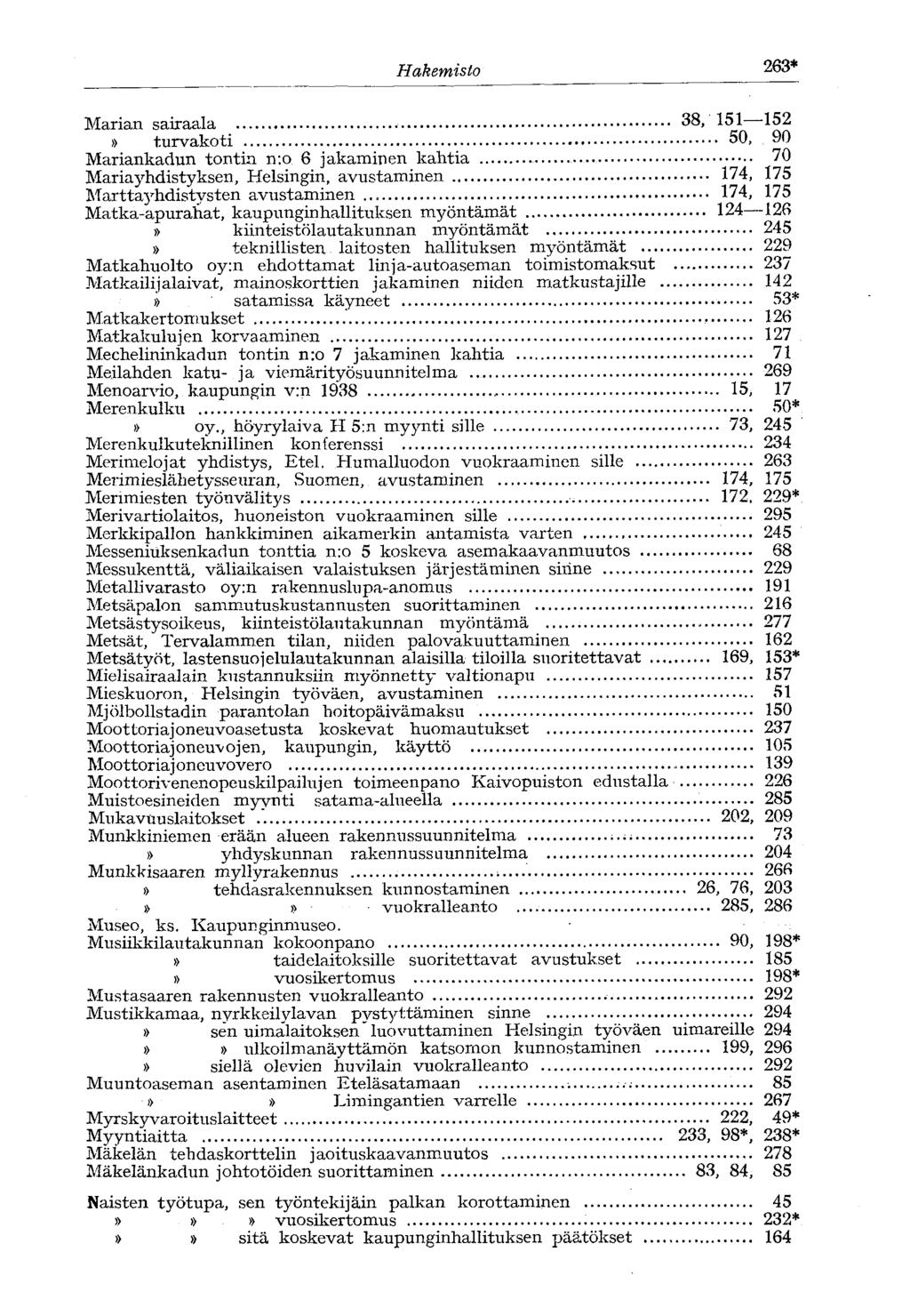 Hakemisto 263* Marian sairaala 38, 151 152» turvakoti 50, 90 Mariankadun tontin n:o 6 jakaminen kahtia 70 Mariayhdistyksen, Helsingin, avustaminen 174, 175 Marttayhdistysten avustaminen, 174, 175