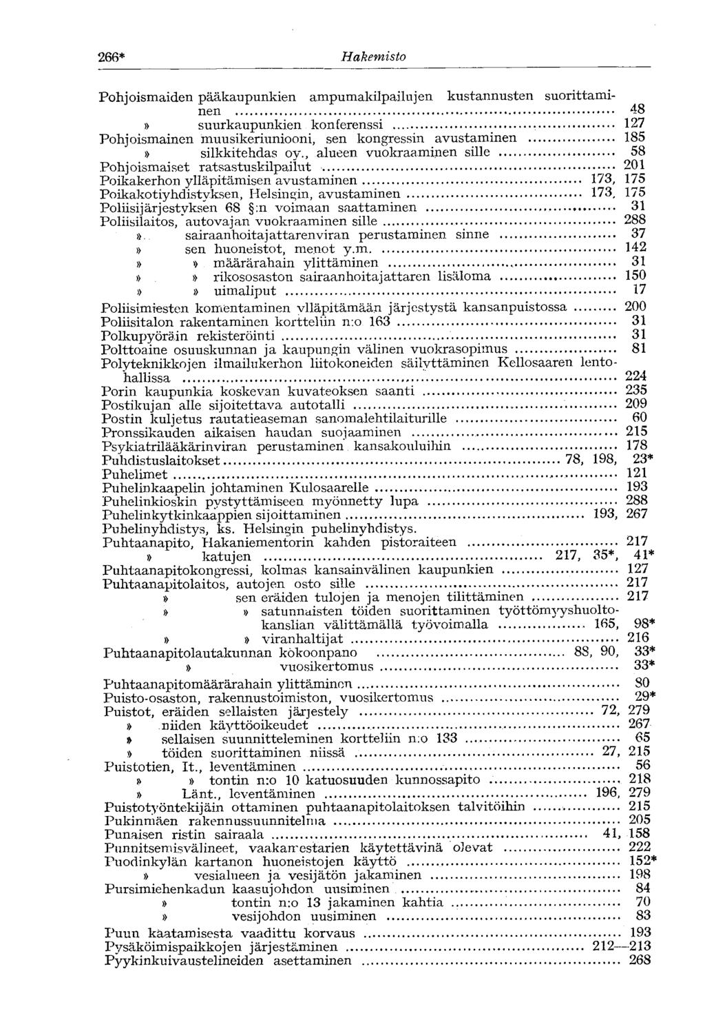 266* Hakemisto Pohjoismaiden pääkaupunkien ampumakilpailujen kustannusten suorittaminen 48» suurkaupunkien konferenssi 127 Pohjoismainen muusikeriuniooni, sen kongressin avustaminen 185» silkkitehdas