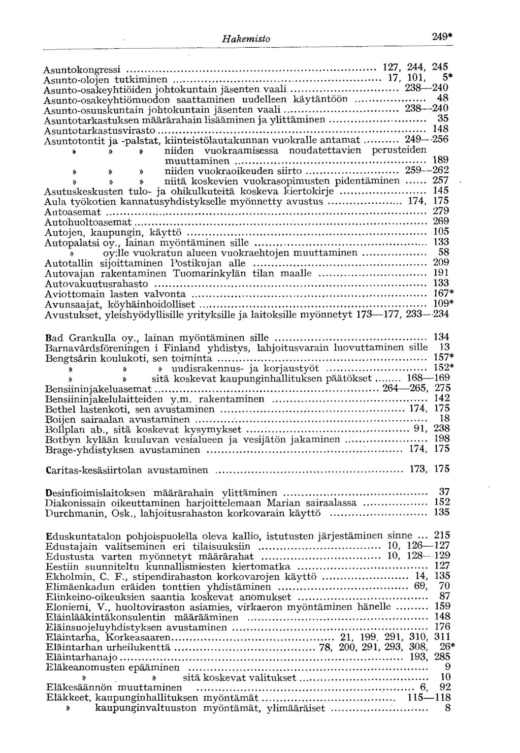 Hakemisto 249* Asuntokongressi 127, 244,,45 Asunto-olojen tutkiminen 17, 101, 5 Asunto-osakeyhtiöiden johtokuntain jäsenten vaali 238 240 Asunto-osakeyhtiömuodon saattaminen uudelleen käytäntöön 48