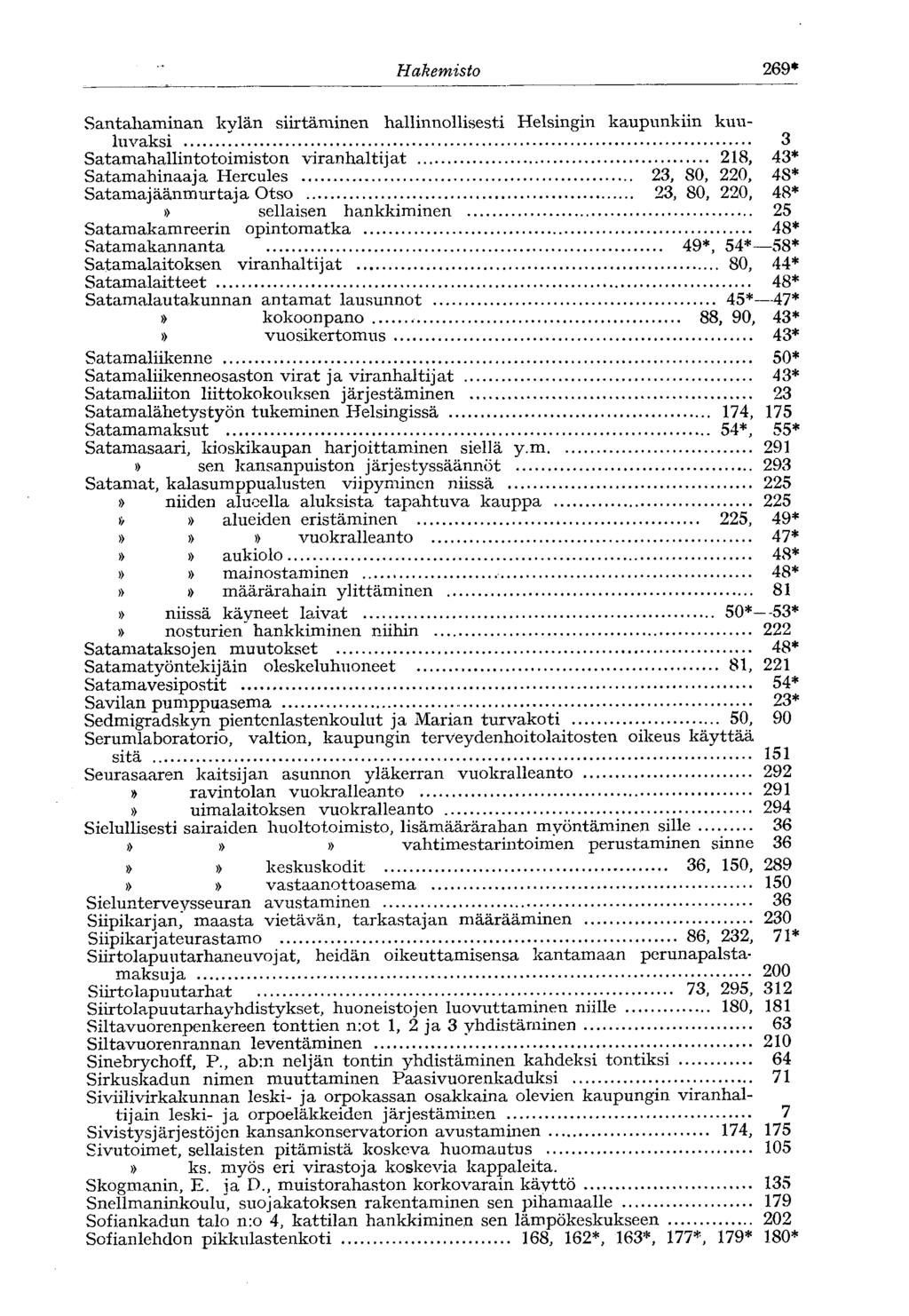 Hakemisto 269* Santahaminan kylän siirtäminen hallinnollisesti Helsingin kaupunkiin kuuluvaksi 3 Satamahallintotoimiston viranhaltijat 218, 43* Satamahinaaja Hercules 23, 80, 220, 48*