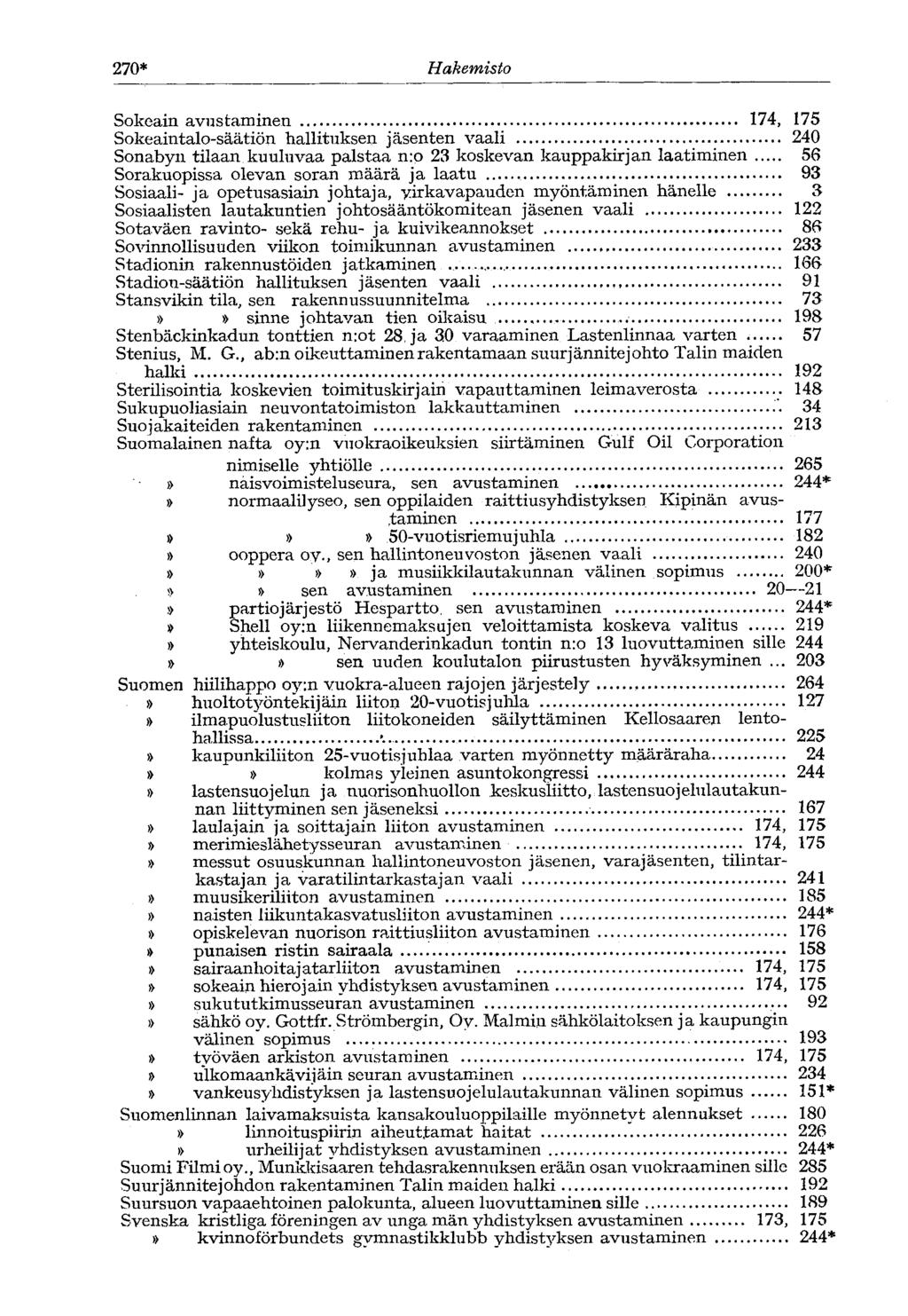 270* Hakemisto Sokeain avustaminen 174, 175 Sokeaintalo-säätiön hallituksen jäsenten vaali 240 Sonabyn tilaan kuuluvaa palstaa n:o 23 koskevan kauppakirjan laatiminen 56 Sorakuopissa olevan soran