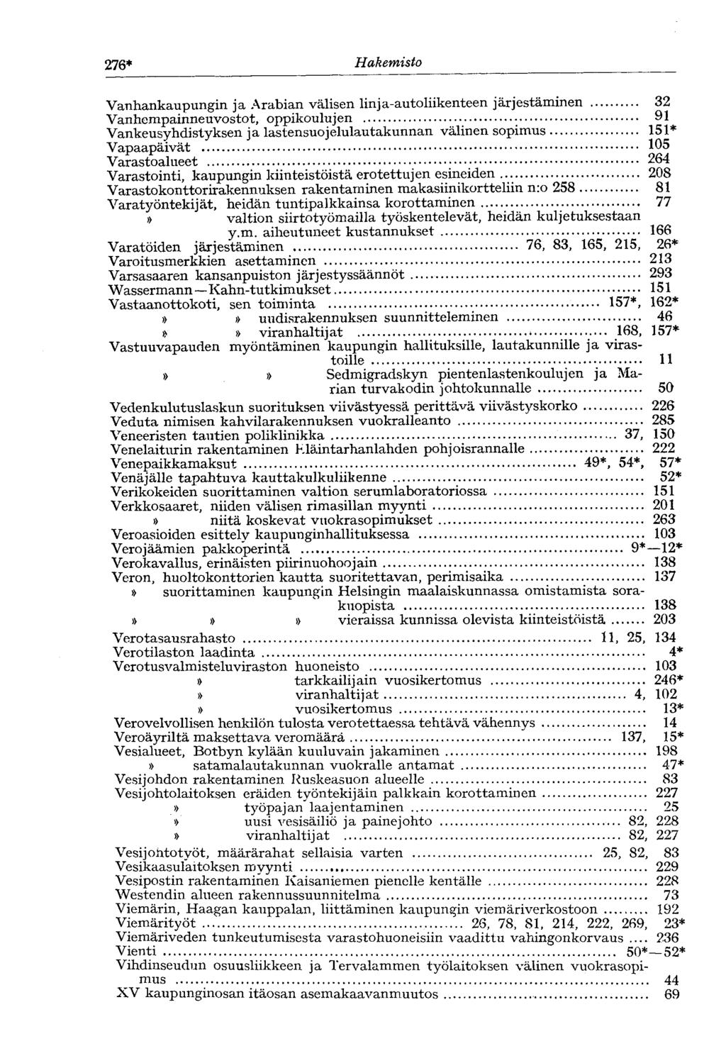276* Hakemisto Vanhankaupungin ja Arabian välisen linja-autoliikenteen järjestäminen 32 Vanhempainneuvostot, oppikoulujen 91 Vankeusyhdistyksen ja lastensuojelulautakunnan välinen sopimus 151*