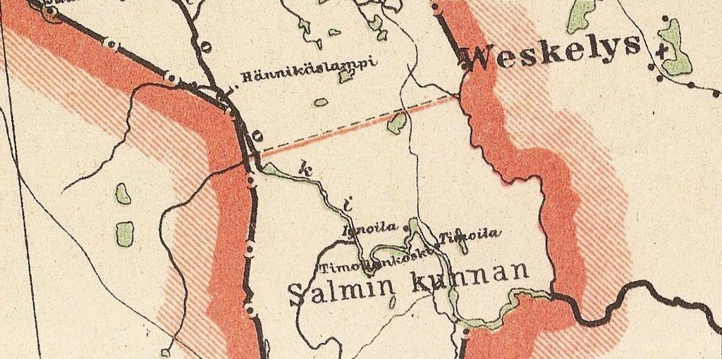 KARTTA: SALMIN PITÄJÄÄN KUULUNUT HYRSYLÄN ALUE. KUTEN KARTASTA NÄKYY, HYRSYLÖITÄ OLI KAKSI: TOINEN SUOMEN PUOLELLA, TOINEN VALTAKUNNANRAJAN TAKANA.
