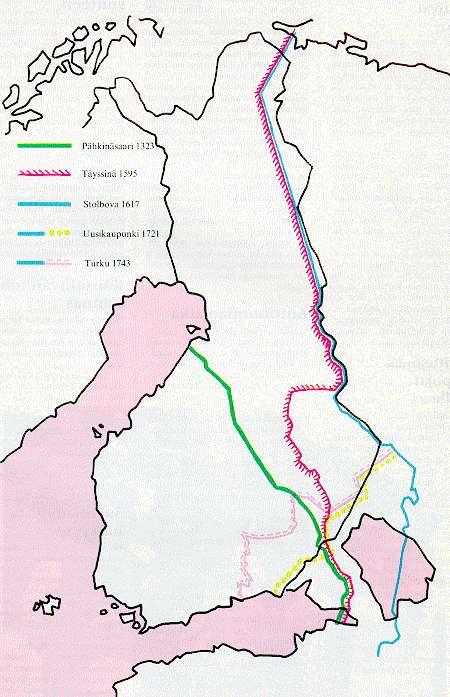 KARTTA: SUOMEN ITÄRAJAT 1323 1743. STOLBOVASSA VUONNA 1617 SOLMITUN RAUHAN RAJA OLI SUOMEN ITÄRAJANA RAJA-KARJALASSA UUDELLEEN VUODET 1812 1940. KARTTA: KARJALAN LIITTO.