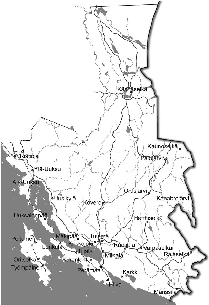 suurperheiden määrä näyttää kasvaneen nimenomaan silloin, kun pitäjään syntyi sivuansiot mahdollistanutta teollisuus- ynnä muuta toimintaa 1800-luvun alussa. 9 KARTTA: SALMIN TÄRKEIMMÄT KYLÄT.