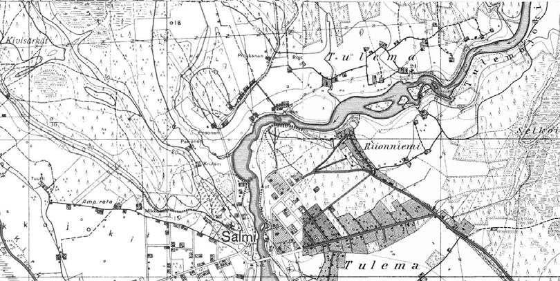 KUVA: KARTTA SALMIN KESKUKSESTA ELI TULEMASTA. TOPOGRAFIKARTTA (1: 20 0000) ON LAADITTU VÄHÄN ENNEN VIIME SOTIA. Vanha Tulema sijaitsi kartan ylälaidassa näkyvässä kohdassa.