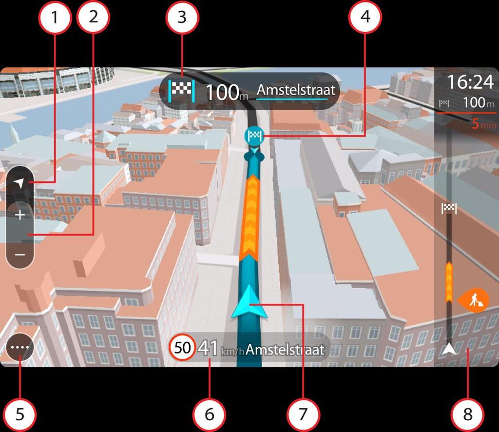 Vihje: Kun olet suunnitellut reitin, ja 3D-opastusnäkymä on näkyvissä, vaihda karttanäkymään painamalla näkymänvaihtopainiketta ja käytä interaktiivisia toimintoja.