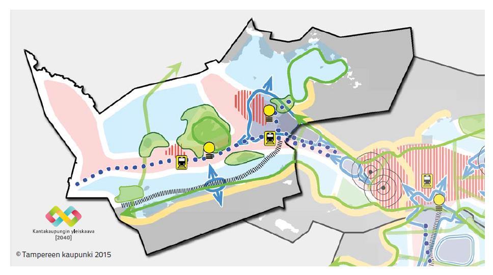 16 Kuva: Tampereen läntisen alueen alueelliset tavoitteet kartalla.