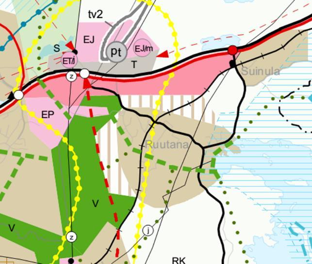 Ruutanaan on merkitty juna-asema/seisake ja taajamajunaliikenneyhteys.