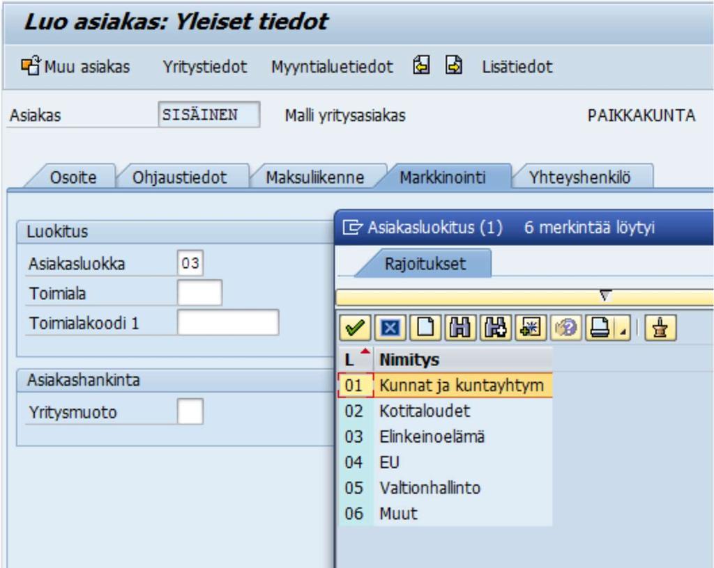 Asiakastietojen perustaminen: asiakasluokka Maksuliikenne ja yhteyshenkilö -välilehdille ei lisätä tietoja.