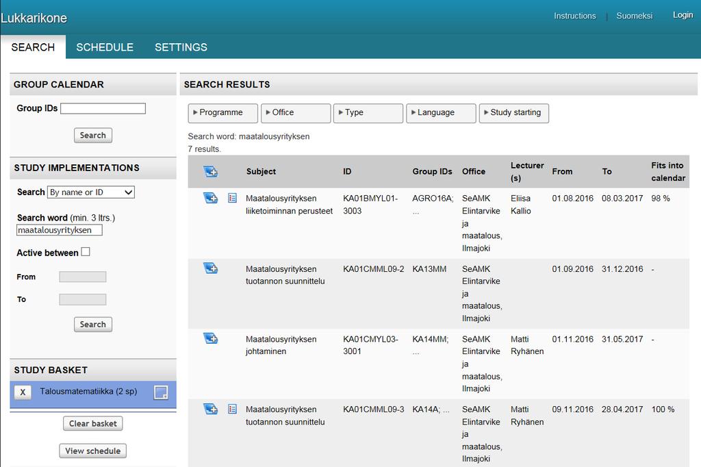 Basic view of Lukkarikone 1. Main manu at the top of the page 2. Search fields on the left side of the page 3. Study basket below the search fields 4.