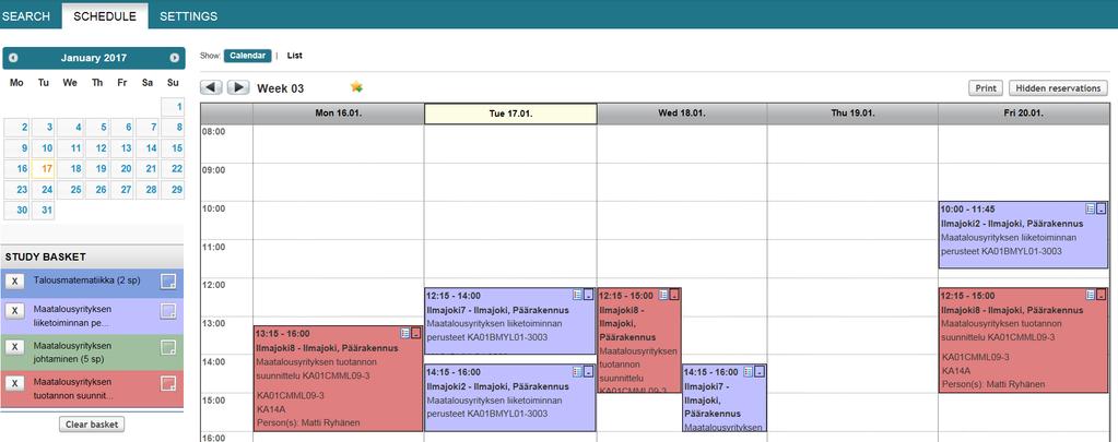 Schedule 2 The Schedule view shows the weekly schedule of the group/implementations that you have selected. You can click on a marking (reservation) to see more details of that particular reservation.