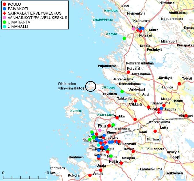Kuva 9-51 Voimalaitoksen läheisyydessä sijaitsevat koulut, päiväkodit, sairaalat ja terveyskeskukset, vanhainkodit ja palvelukeskukset, uimarannat sekä uimahallit.