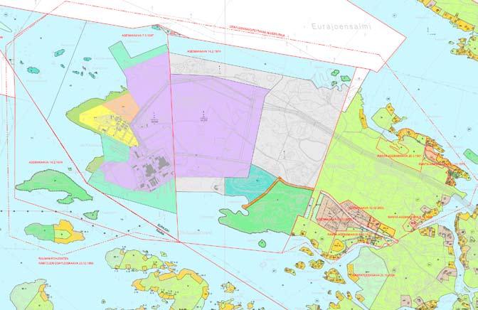 Kuva 9-27 Olkiluodon ja Rauman pohjoisten rantojen asemakaavatilanne kaavoitetulla alueella, jossa voimalaitosalue on merkitty teollisuus- ja varastorakennuksien korttelialueeksi (T).