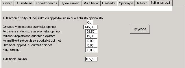 Jos koostettava tutkinto on alempi tai ylempi korkeakoulututkinto, siirry välilehdelle Tutkinnon ov:t. Lisää tutkintoon sisältyvät opintopisteet jaoteltuna sen mukaisesti, missä ne on suoritettu.