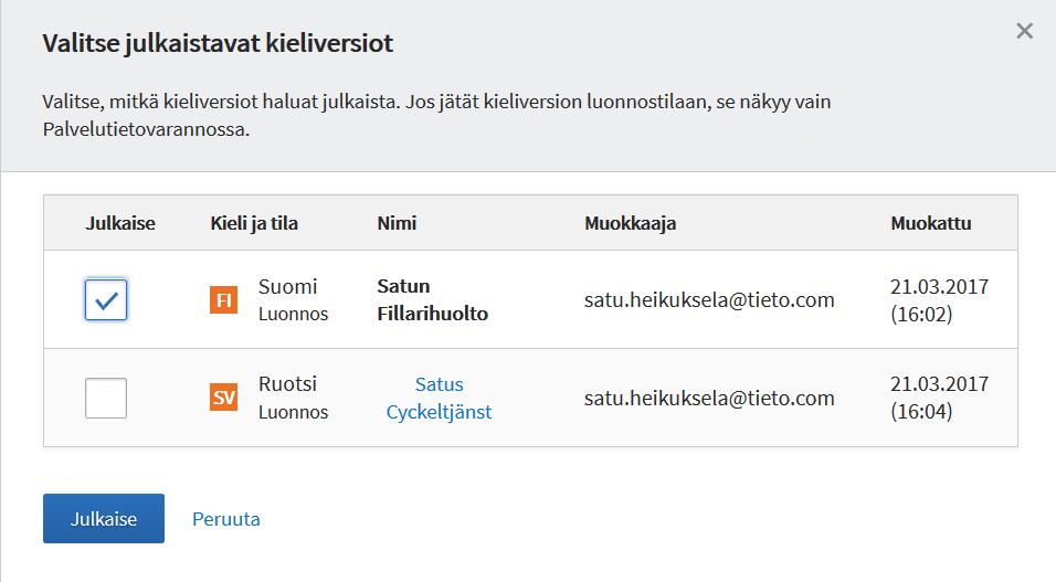 OHJE 57 (58) Sisällön muokkaus ja muokkausten julkaisu Kun muokkaat kertaalleen julkaistua sisältöä, tulee muokatusta sisällöstä tallennuksen jälkeen uusi luonnosversio.