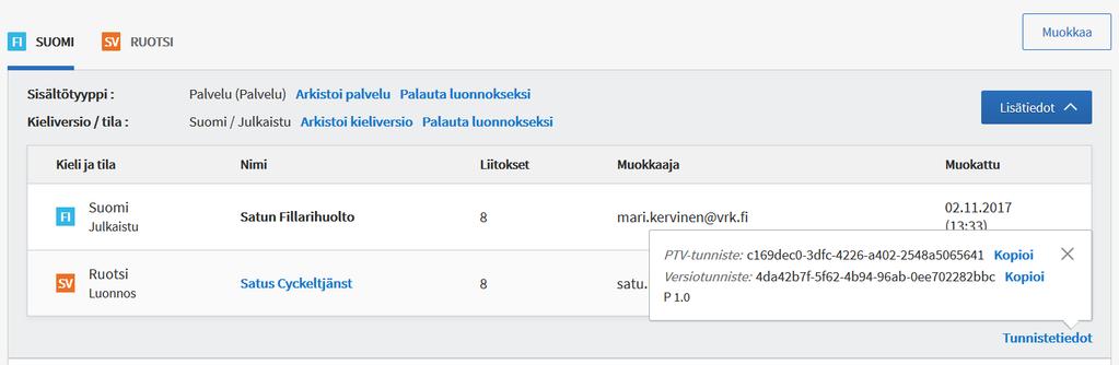 OHJE 58 (58) Tunnistetiedot Sisällön tarkemmat tunnistetiedot löydät Lisätiedot-näkymän oikeasta alareunasta Tunnistetiedot-linkit takaa. PTV-tunniste on yksilöivä tunniste koko sisällölle.