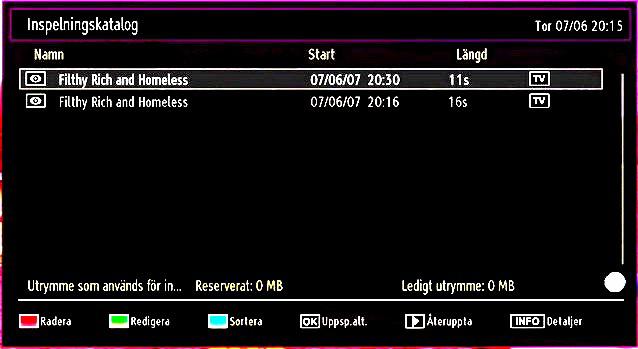 Record OSD (Inspelning OSD) visas en kort tid och det aktuella programmet spelas in. Du kan trycka på knappen (SPELA IN) på fjärrkontrollen igen för att spela in nästa program i programguiden.