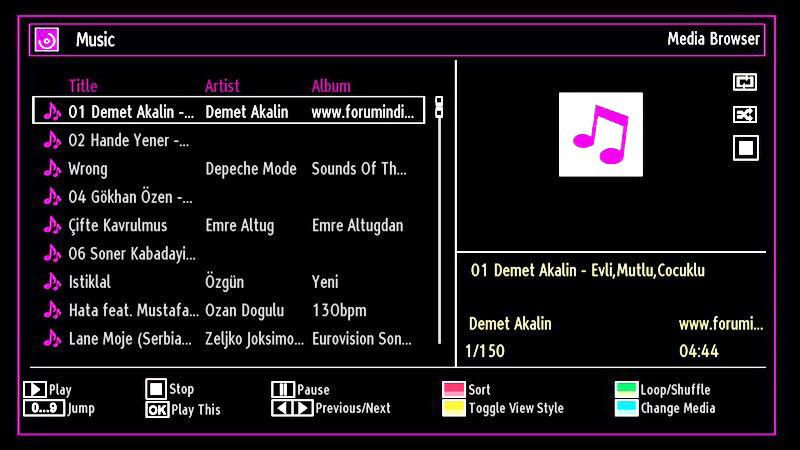 RETURN (Exit): Back to file list. INFO: Displays help screen. Playing Music via USB When you select Music from the main options, available audio files will be filtered and listed on this screen.