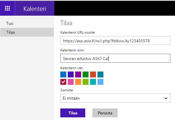 Syötä Nettikalenterin osoite (url) kohtaan kalenterin URL-osoite. Syötä kalenterille haluamasi nimi.