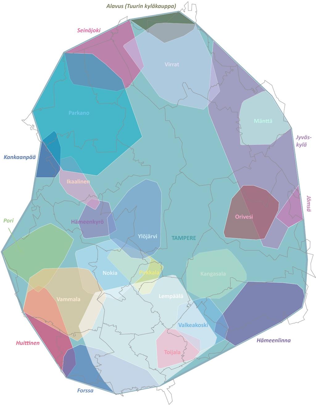Asiointialueet case Pirkanmaa Oheinen kartta kuvastaa kaupallisten palveluiden yleistettyjä vaikutusalueita maakunnassa.