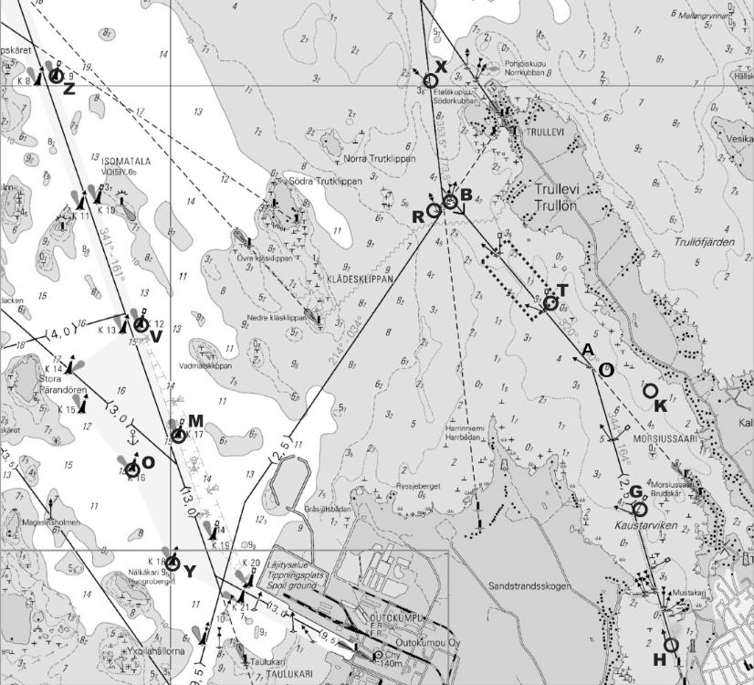 10 Purjehduskilpailukartta 2016 A = vihreä lateraali, B = länsiviitta, G = punainen lateraali, H = vihreä lateraali, K = oranssi merkkipoiju, M = punainen jääpoiju, O = vihreä