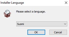 Valitse asennuskieleksi Suomi Jatka