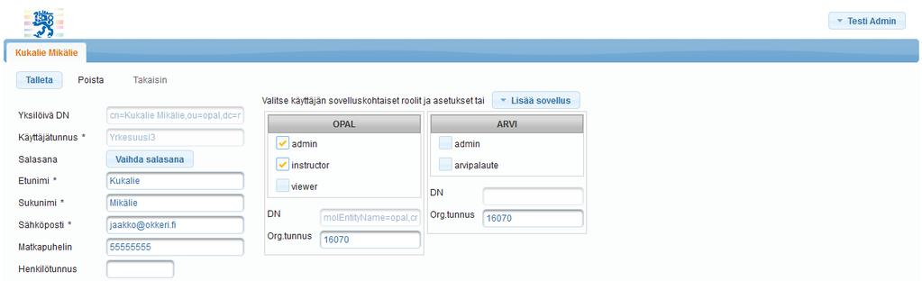 Kirjoita kenttään Käyttäjätunnus ko. käyttäjän tunnus tai käytä muuta hakutekijää (esim. sukunimi). Kun napsautat painiketta "Hae" saat esille ko.