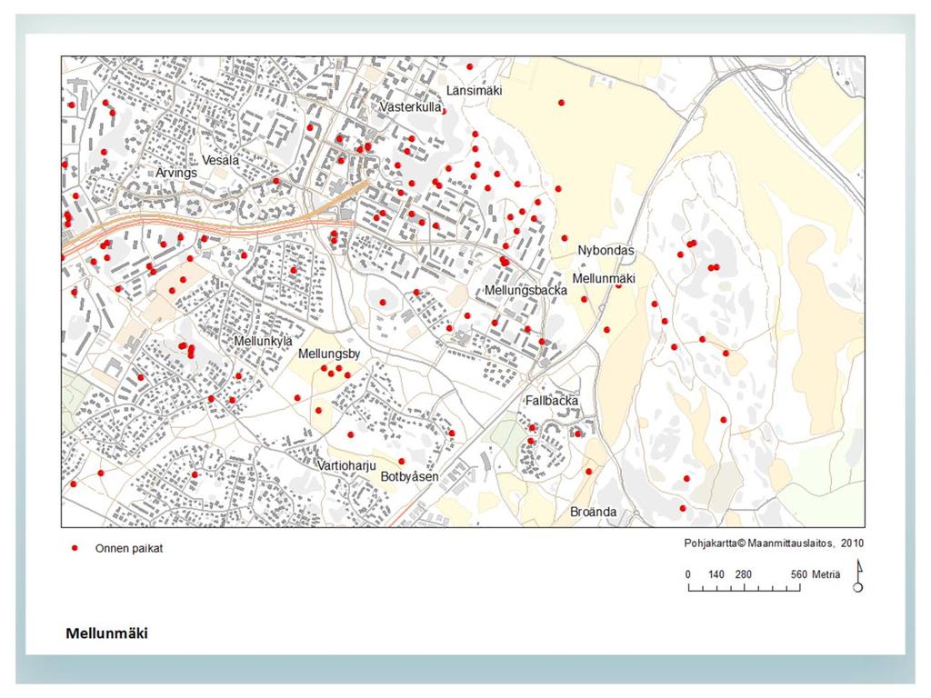 Mellunmäkeläisten paikantamat onnen paikat Mellunmäkeläiset paikansivat kartalle pehmogis-menetelmällä onnen paikkoja, jotka näkyvät oheisessa kartassa punaisella.