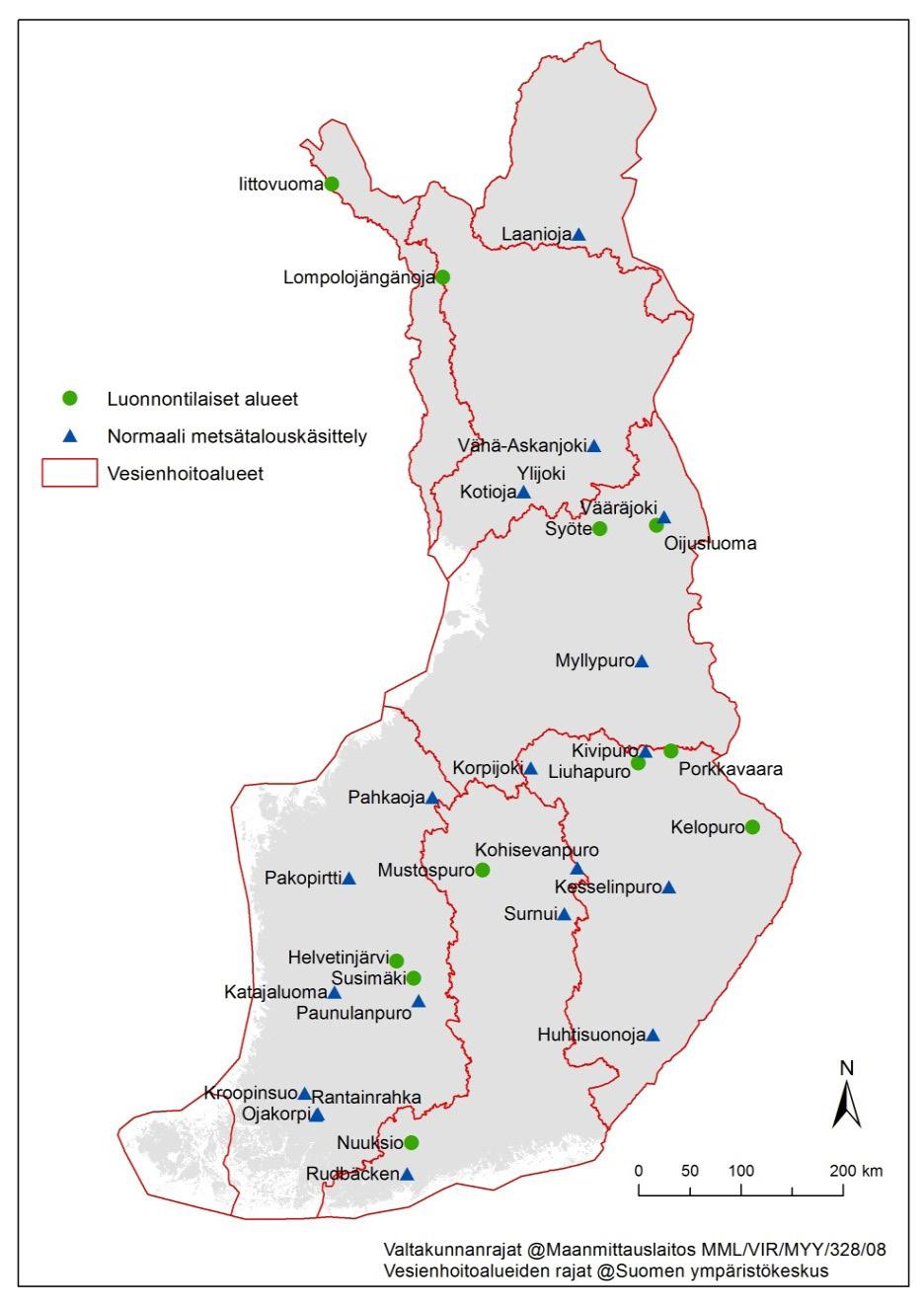 Kuva 1. Metsätalouden vesistökuormituksen seurantaverkko. rataan laskupuroista otettujen vesinäytteiden avulla.